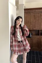 レトロな赤いチェック柄シャツ【春秋用・ストライプ柄・ワンピース風】（セットアップ対応）