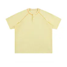 アメリカンレトロ風 ヘンリーネック半袖Tシャツ【ユニセックス・カジュアル・ゆったり】（セットアップ対応）