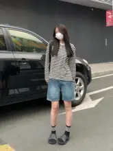 ヴィンテージ風ブルー デニムショートパンツ【ハイウエスト・ワイドレッグ・Aライン】