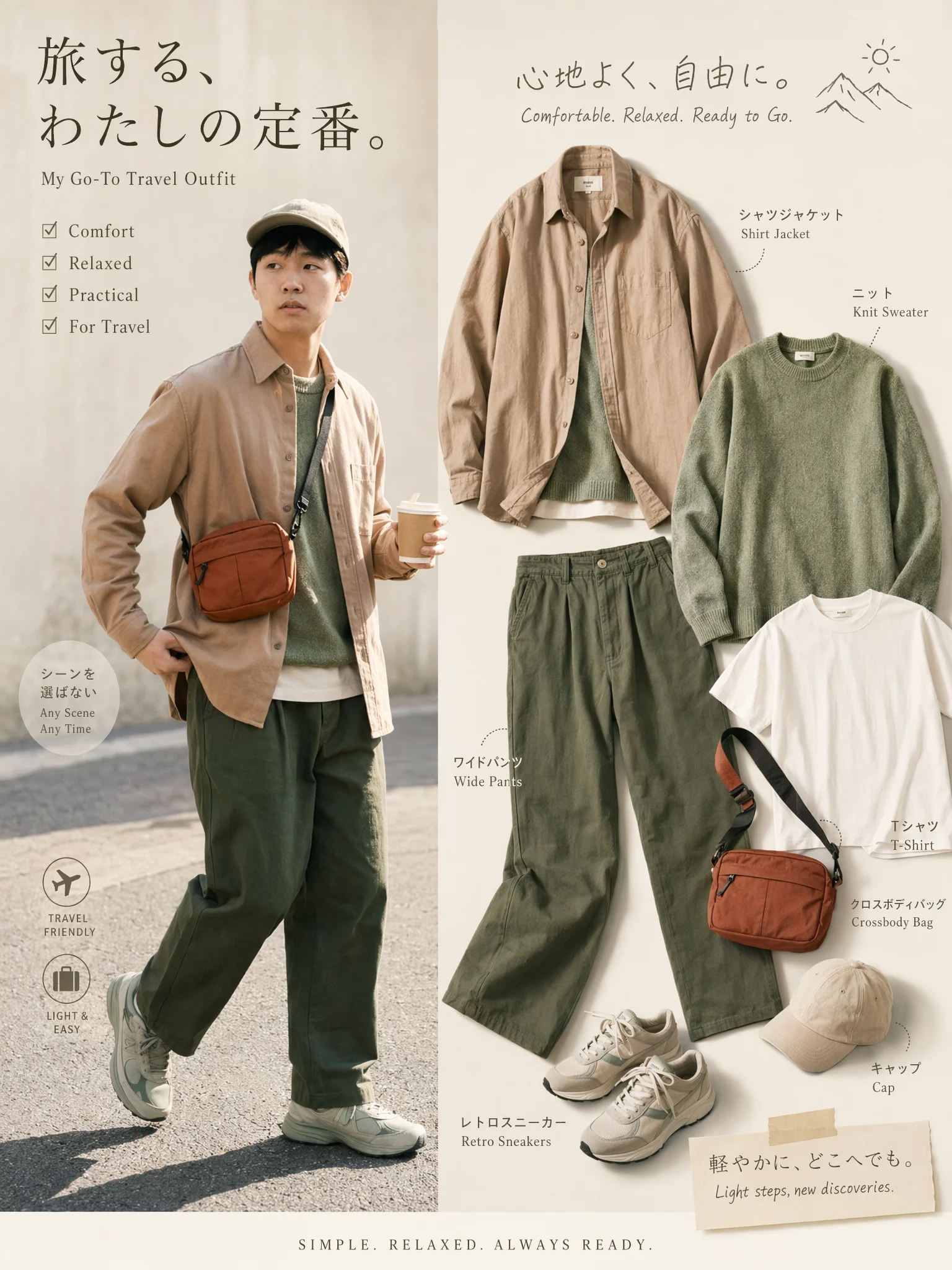 ベージュのシャツに苔グリーンのニットと白T、オリーブ色のパンツ、キャラメルオレンジのショルダーバッグを合わせたコーデ