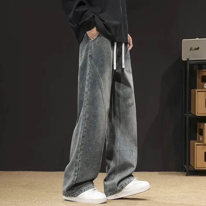 春秋用 メンズストレートデニムパンツ【ワイドレッグ・カジュアルスタイル】（セットアップ対応）