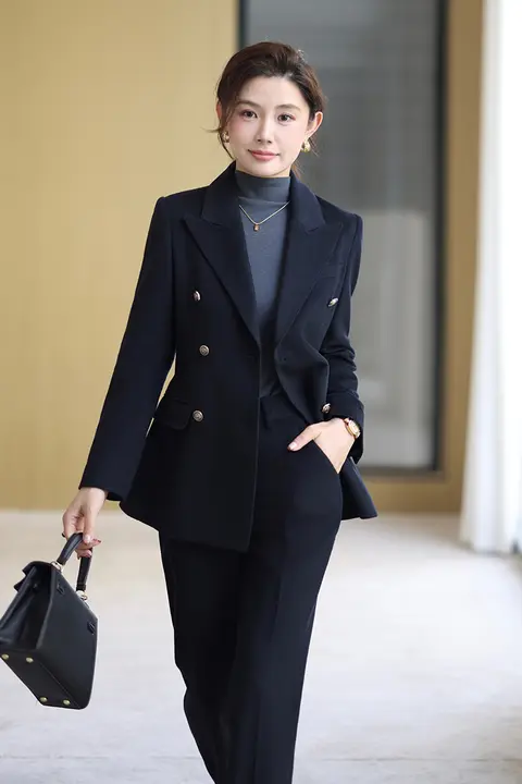 秋冬用 高級ウールカシミヤスーツ【女性・フィット感のあるデザイン・ネイビーブルー・キャリアスタイル】（セットアップ対応）