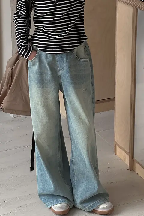デニムパンツ キッズ ガールズ ウォッシュデニム ワイド ゆったり カジュアル おしゃれ 春秋