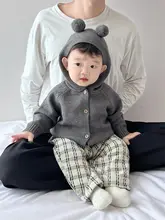 春用ベビーウェア【男の子・かわいい・ニットフード付きカーディガン・チェックパンツ・トレンディ】（セットアップ対応）