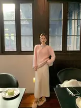 薄手のニットセーター【ピンク・長袖・女性用・エレガントデザイン】（セットアップ対応）