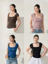 シンプルで多用途なフィット感の良いショートスリーブTシャツ【四角いネックライン・大きいサイズ】