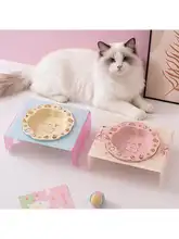 花柄陶器製の猫用高台ボウル【首を守るデザイン・黒ずみ防止】