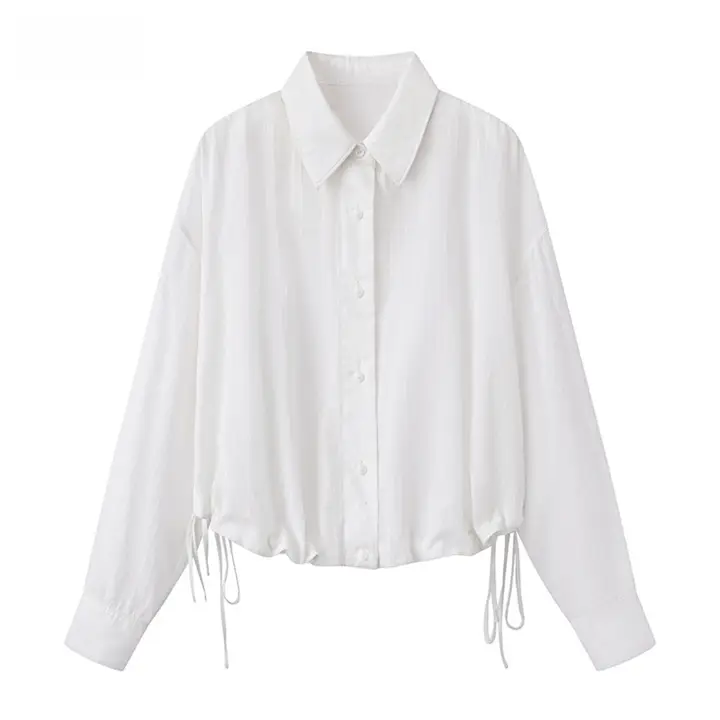 デザイン性ある中長丈シャツ【襟付き・ホワイト・ドローストリング】