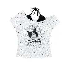 星柄プリントの斜め肩短袖Tシャツ【レディース・夏用・シルエットを美しく見せるデザイン・ショート丈】