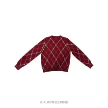 ワインレッド ニット セーター ラウンドネック カーディガン 日常着に適した ダイヤモンドチェック