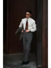 全羊毛 茶灰麦穗纹の高腰紳士西パンツ【イタリアンスタイル・パリボタン】