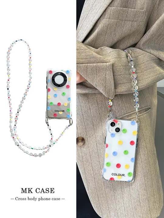 スマホケース 斜め掛け 水玉模様 カラフル クリア ソフトケース ショルダーチェーン レンズ保護 四隅 耐衝撃 多機種対応