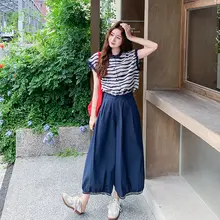 ストライプシャツとワイドパンツのコンビネーション【夏用・高級感・個性的デザイン・おしゃれコーデ】（セットアップ対応）