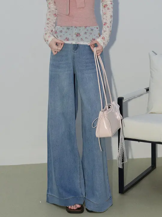 牛仔風高腰ワイドパンツ【藍色・フレアデザイン・軽やかな落ち感】（セットアップ対応）