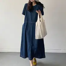 ワンピース【レディース・デニムワンピース・ロング丈・体型カバー・半袖・シンプル】