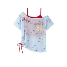 リボン付きチェック柄スラッシュショルダー半袖Tシャツ【夏用・キャミソール付・UVカット】（  セットアップ対応）
