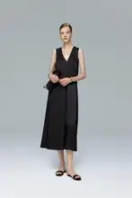 エレガントなVネックノースリーブドレス【サテン風・シンプルデザイン】