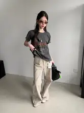 アメリカンレトロプリントの洗い加工グレーゆったり落ち肩Tシャツ