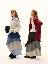 チェック柄の多層カラーブロックロングスカート【アメリカンカジュアル・秋用・ゆったりデザイン】