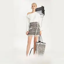 ツイード風ビーズ付きフリンジスカート【秋冬・深い青色】