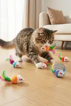 猫用おもちゃ！リアルな毛並みの小さなネズミ【カラフルな羽根付き・サウンド効果・インタラクティブ】