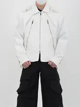 デザイン性のある PU レザー肩パッドジャケット【メンズ・ゆったり・金属ジッパー】