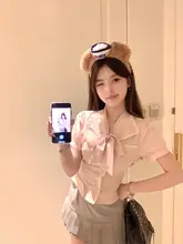 甘美なデザインの夏用ブラウスとスカートの2点セット（セットアップ対応）