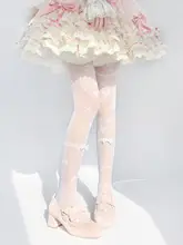 可愛い蝶結びデザインのロリータ風白色タイツ【花柄・浮光蝶舞】