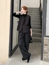 黒色 韓国風 カジュアルベストとワイドパンツ【春秋用・高級感あり】（セットアップ対応）