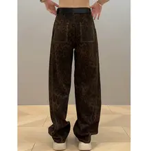 レディース 大きいサイズのレオパード柄ワイドレッグデニムパンツ【薄手・夏用・ストレートフィット】（セットアップ対応）