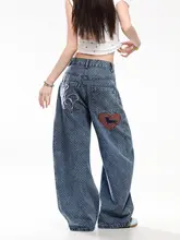 アメリカンスタイルドット柄ハート刺繍デニムパンツ【高腰・フィット・春夏用】（セットアップ対応）