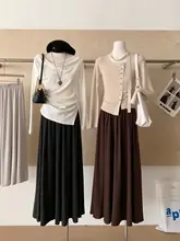 深灰色の糯米素材半身スカート【秋用・Aライン・体型カバー・カジュアル・フレア】