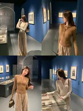 ACHI コーヒー色 ウール混ハーフオープン ネック ニットトップス【長袖・スリムフィット】