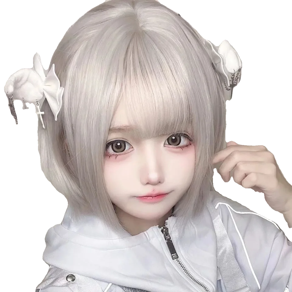 銀灰色 コスプレ用 ショートストレートウィッグ【ゴスロリ風・エアリーバング・学生向け】