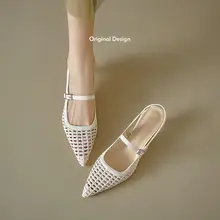 羊皮製 フレンチスタイルの編み込みデザインヒールサンダル【包頭・細ヒール・ポインテッドトゥ】