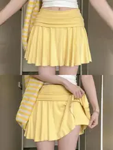 高腰デザインのイエロー運動用テニススカート【Aライン・フリル付き・透け防止】（セットアップ対応）