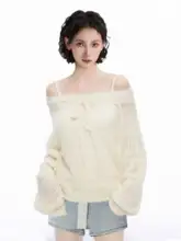 ブルーオフショルダーのスリーブレースUVカットニットカーディガン【春夏用・フィット】