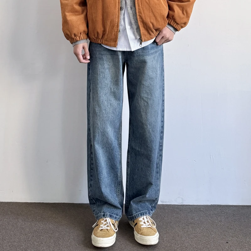 ヴィンテージウォッシュデザインのルーズフィットストレートデニムパンツ【ブルー・カジュアル】（セットアップ対応）