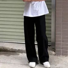メンズ ヴィンテージ風 ブラックデニムパンツ【ワイドストレート・ウエストゴム・ヒップホップスタイル】