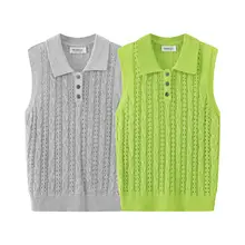 ニットベスト レディース ノースリーブ ポロネック 透かし編み フレンチ風 きれいめ 上品 着回し 夏