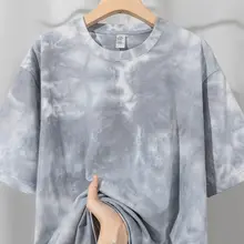 灰白色の重厚なタイダイ柄コットン半袖Tシャツ【夏用・ルーズフィット・ユニセックス】