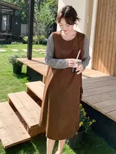 レトロスタイルのブラウンキャミソールワンピース【春秋用・独特なデザイン・中長丈】（セットアップ対応）