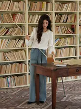 レースフリルデザインのブラウス【秋季・女性用・ゆったり長袖】