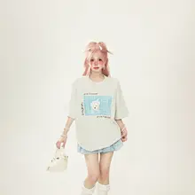 かわいい犬プリントのラウンドネックTシャツ【グレー・短袖・夏用・女性用】