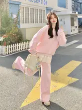 粉色の優しいレース裾のブラウスとワイドパンツ【春秋用・韓国スタイル】（セットアップ対応）