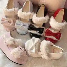可愛いロリータシューズ【ファー付き・リボンデザイン・厚底】