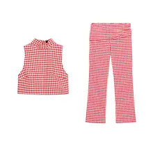 ノースリーブハイネックチェック柄ショートトップス【高めウエスト・ジッパーデザイン・カジュアルパンツ】（セットアップ対応）
