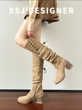 レトロ風の太ヒールロングブーツ【折り返しデザイン・高筒・ライディングブーツ】（セットアップ対応）