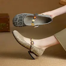 春秋用マリー・ジェーンシューズ【水晶装飾・ラウンドトゥ・中ヒール・グレー・ベージュ・レトロデザイン】