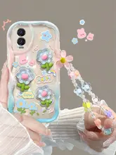 透明ソフトケース【立体水色花デザイン・全包タイプ・手首ストラップ付き】
